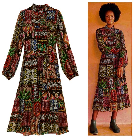 FARM Rio Dresses & Skirts - Farm Rio Rauti Tiered Midi Dress Ethnic Patchwork Pattern NWT MEDIUM